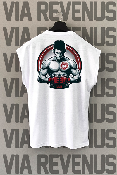 Vordevia Tricou sport alb MMA Fighter - imprimat pe spate, mâneci zero