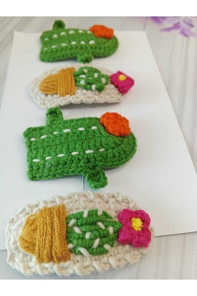 Kadın Girişimciler Atölyesi Πόρπη Cactus Love Χειροποίητο Πλεκτό Κέντημα 4 τεμαχίων Σετ αγκράφες