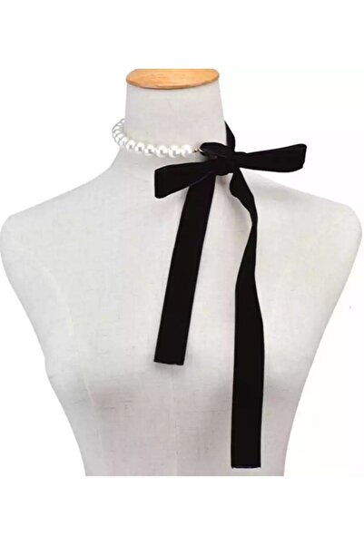 Nishstyle Büyük Incili Siyah Kadife Kurdele Bağlamalı Choker Kolye