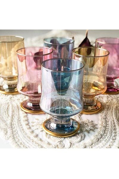 GÜRALLAR Lav Hand Decorated 6-Piece Glass Magnolia Cup Cup, 6-Piece Dessert Cup
