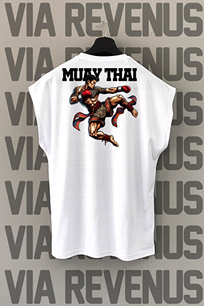 Vordevia Tricou sport alb Muay Thai - imprimat pe spate, mâneci zero