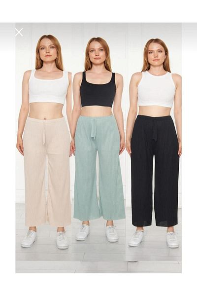 ipek collection 3-Piece Black - Dried Rose - Smoked Women's Ribbed Report Pants & Sweatpants, Casual Home Wear Pajamas