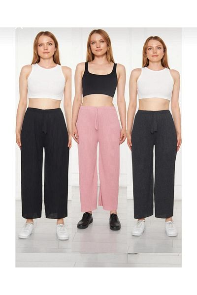 ipek collection Pantaloni și pantaloni de trening pentru femei, cu nervuri afumate, cu trandafir negru, 3 piese, îmbrăcăminte ocazională pentru acasă