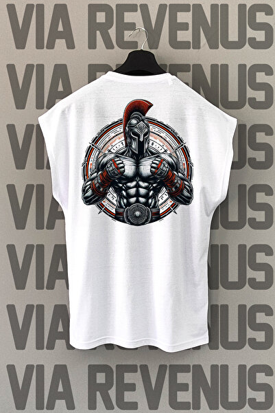 Vordevia Tricou sport alb - imprimeu spartan pe spate, mânecă zero