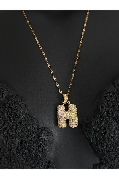 NUNU365COM Çelik Gold Zirkon Taşlı Balon Harf Kolye