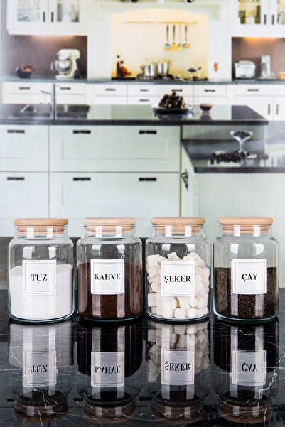 Lizzy 4'lü Ahşap Vakumlu Kapaklı Çay Şeker Kahve Tuz Kavanozu Cam 1000 ML