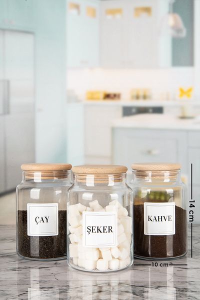 Lizzy 1000 ML Cap - 3-Piece Wooden Vacuum and Lid Tea Sugar Coffee Salt Jar Glass