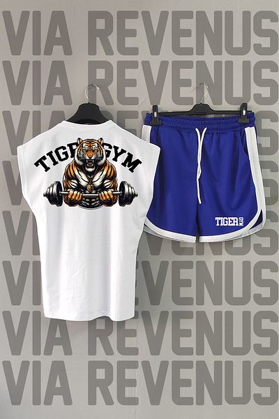 Vordevia Tiger Gym White Sports T-Shirt and Blue Sports Shorts - Crew Neck, Zero Sleeve