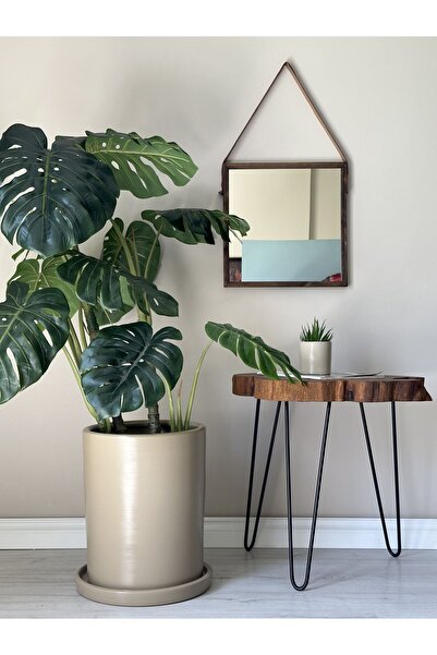 odka 40litre Silindir Saksı Tabaklı Yükseklik:40cm Çap:33cm Bej