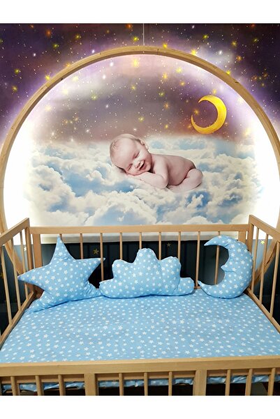 Baby Clime Mavi 3'lü Uyku Arkadaşı - Ay Bulut Yıldız Süs Yastık Seti - Çift Taraflı Dekoratif Yastık