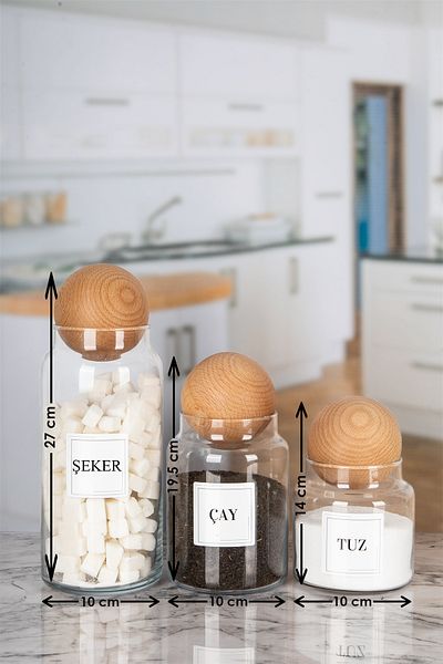 Lizzy 3-Piece Wooden TOP with Lid - Tea, Sugar, Coffee and Salt Jar Glass 3 SIZES