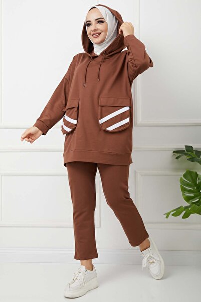 marwella İkiiplik Çift Cepli Kapşonlu Takım - Taba