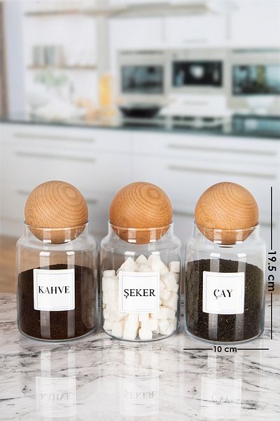 Lizzy 1000 ML Cap - 3-Piece Wooden TOP Lid Tea, Sugar and Coffee Salt Jar Glass