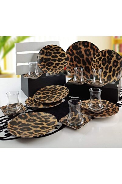 Keramika Leopar Desenli 19 Parça Pasta Servis Sunum Çay Seti