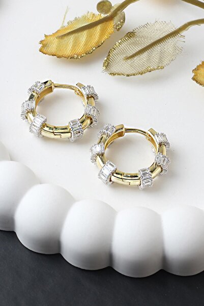 BY BARUN SİLVER Halka Baget Silver Beyaz Zirkon Taşlı 925 Ayar Gold Sarı Renk Gümüş Küpe