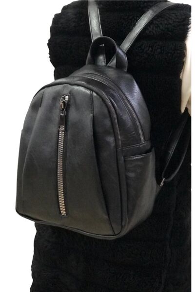 samilon Siyah Deri Tozu Bol Gözlü Sırt Çantası