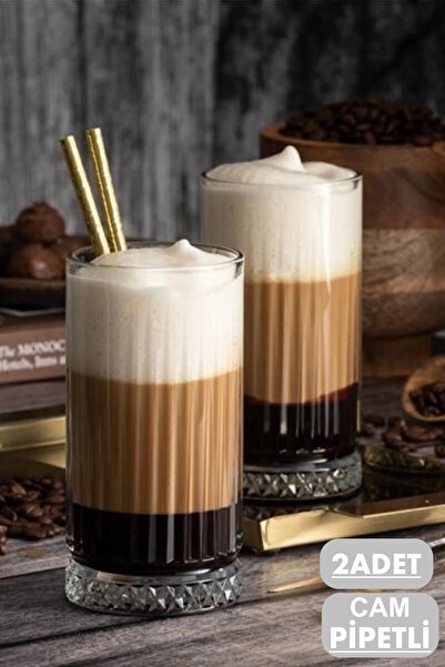 MİS KİTCHEN 450ml Hot Coffee Glass - 2 Pieces with Glass Straw and Line Pattern