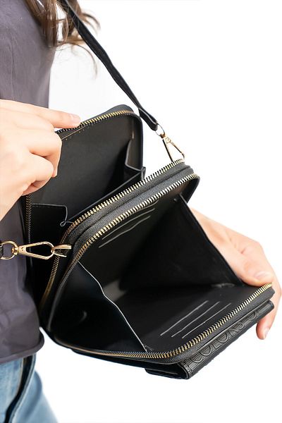 Luxe Bag Geantă portofel neagră pentru femei cu curea reglabilă și compartiment pentru telefon