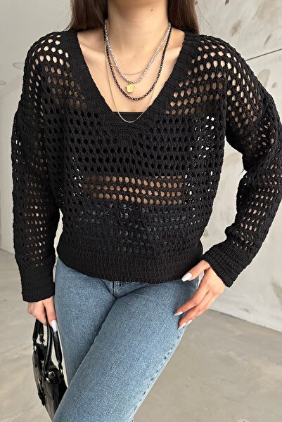 Cistern İstanbul Ženska crna bluza od pletiva sa V-izrezom i ažurnim dizajnom