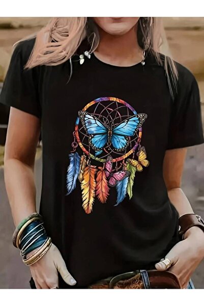 l'eivor تيشيرت نسائي أبيض بتصميم خاص على شكل فراشة سوداء وريش الطيور