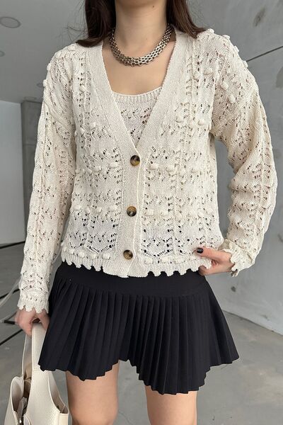 Cistern İstanbul Set dublu tricotaj bluză cardigan crem damă