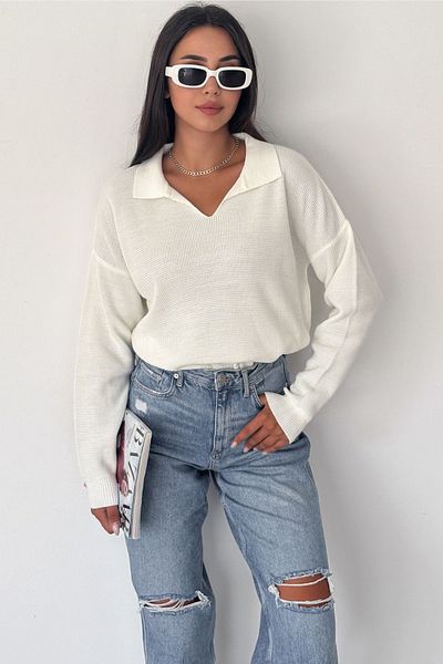 FURKAN EXCLUSIVE Women's White Polo Neck Cotton Basic Knitwear Blouse