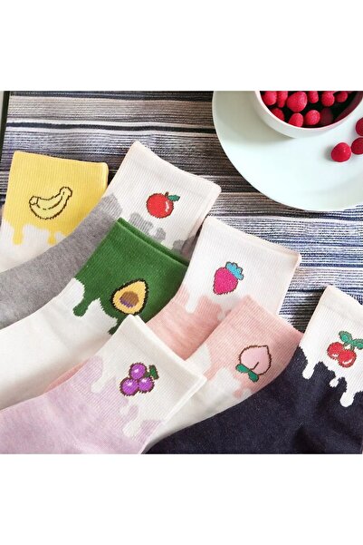 Çorabistaan 7 Çift Meyve Desenli Çok Renkli Kadın Kolej Tenis Çorap Dikişsiz