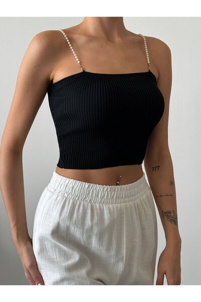 Cistern İstanbul Kadın Siyah İnci Askılı Yazlık Bluz