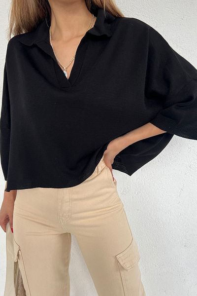Cistern İstanbul Women's Black Polo Neck Oversize Knitwear Blouse