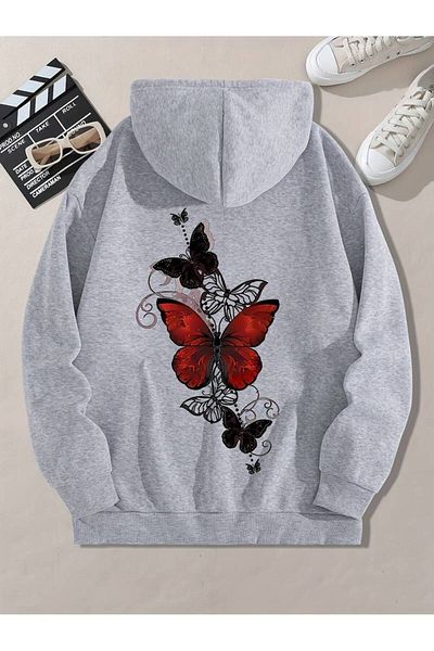 AMMA Unisex Oversize Χειμερινό φούτερ - στάμπα πεταλούδας, κουκούλα, 3 κλωστές