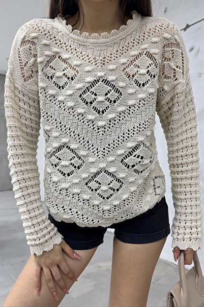 Cistern İstanbul Жіноча кремова блузка з ажурним трикотажем і помпонами