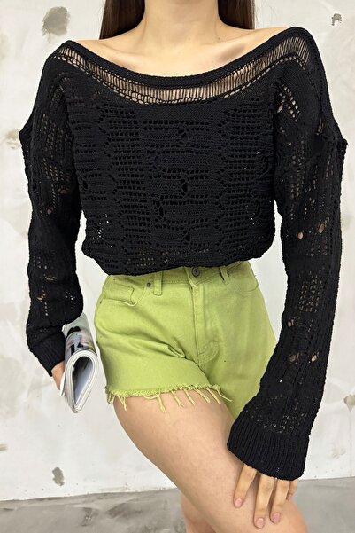 Cistern İstanbul Ženska crna bluza sa lađastim izrezom Sa ajurom pletena odje...