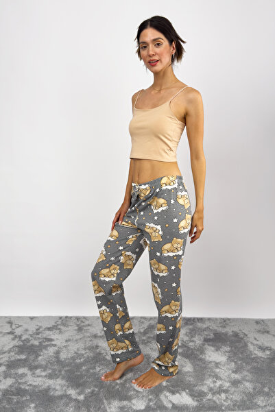Betimoda Női pamut mintás pizsama alsó tréningruha szürke mackó szalaggal