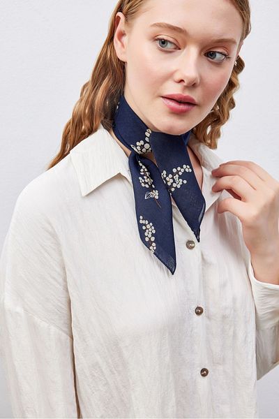 THE MOON Oleaster Patterned Navy Blue Cotton Scarf Bandana