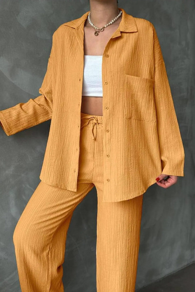 MILANOFOX Γυναικείο Σετ Μακρυμάνικο Πουκάμισο και Παντελόνι Crinkle Fabric