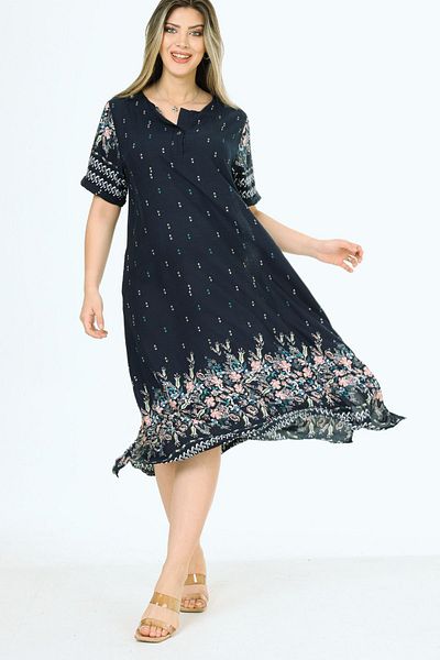 Eceyaman moda Black Floral Print Plus Size Slit Dress - Buttoned Front
