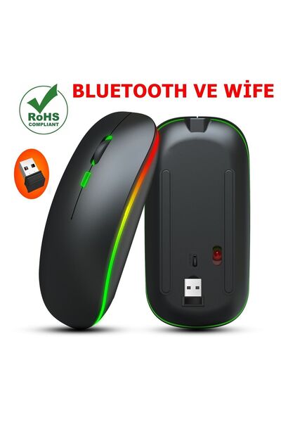 Tisul Siyah şarjlı mouse fare Bluetooth Ve Wife Şarjlı Kablosuz800/1200/1600dpi 2.4ghz Rgb Ledli Laptop