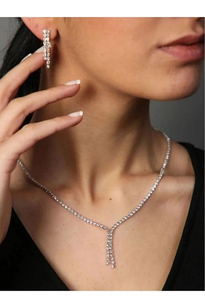 HKN AVM ACCESSORİES Su Yolu Evening Dress Stone Necklace Bracelet Earring Set Wedding Engagement Evening Dress Set Choker (BRACELET IS A GIFT)