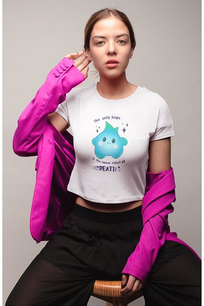 Fuddy Moda Luna Star - Γυναικεία εμπριμέ μπλούζα Crop, γράμματα - "Η μόνη ελπίδα είναι το γλυκό ανακούφιση της θανάτου"