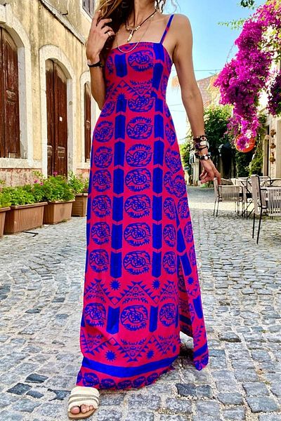 Güneşkızı Fuchsia Strappy Ribbed Slit Patterned Women's Long Dress BST3627