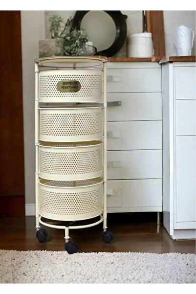 Bayev Salda Krem 4 Katlı Tekerlekli Sebzelik Yana Açılır Bölmeli Patates Soğan Rafı