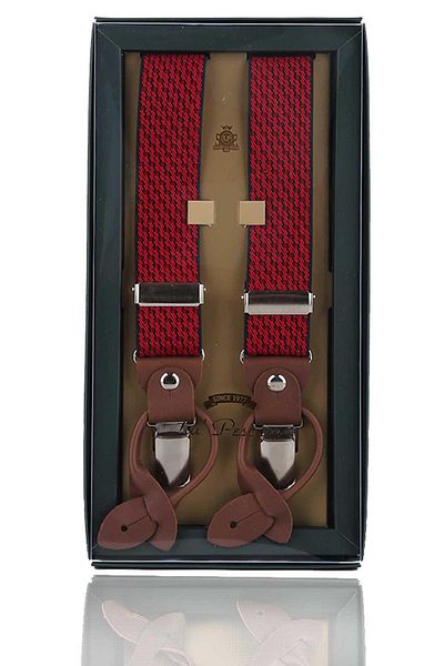 Kravatkolik Red Jacquard Leather Trouser Strap - Connected Button, Perforated PAN191