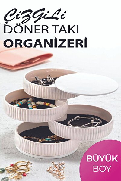 Calke Çizgili 4 Katlı Döner Takı Organizeri Büyük Boy Takı Saklama Kutusu Beyaz