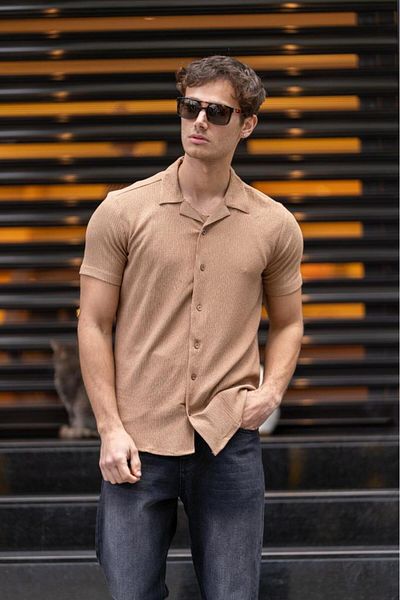 Decas Cămașă Bej GRAY SLIM FIT cu nasturi - Guler Apaç