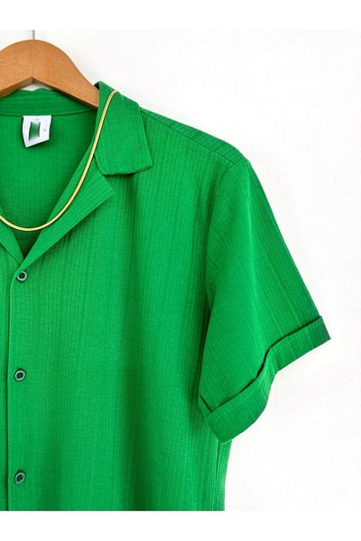 HAWKKİNG Men's Green Patterned Cotton Summer Short Sleeve Shirt