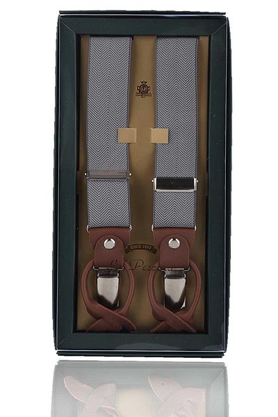 Kravatkolik Gray Jacquard Leather Trouser Strap - Connected Button, Perforated PAN187