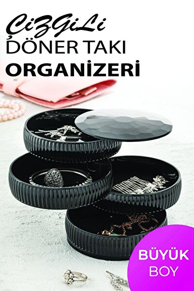Calke Çizgili 4 Katlı Döner Takı Organizeri Büyük Boy Takı Saklama Kutusu Siyah