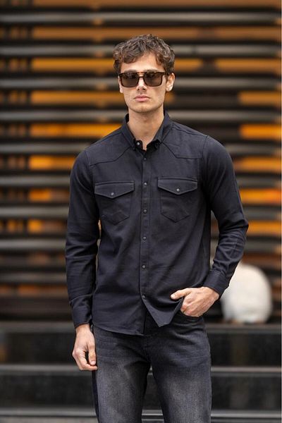 Decas Черна риза Slim Fit - Рокля с джоб тик-так и копчета