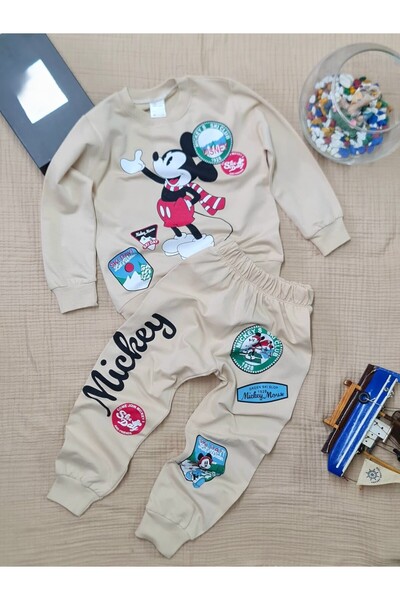BUUFUU Mickey Patterned Unisex Kids T-Shirt and Sweatpants Set - Long Sleeve, 100% Cotton