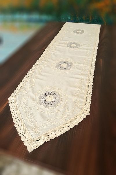 Calke Runner Dantela Si Broderie Authentic Buldan Work In Grey 45x200cm